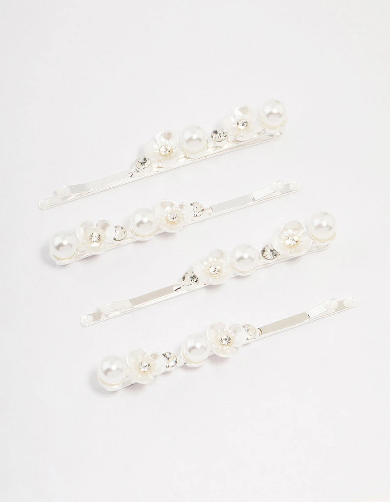 Silver Pearl Mini Flower Hair Clip 4-Pack