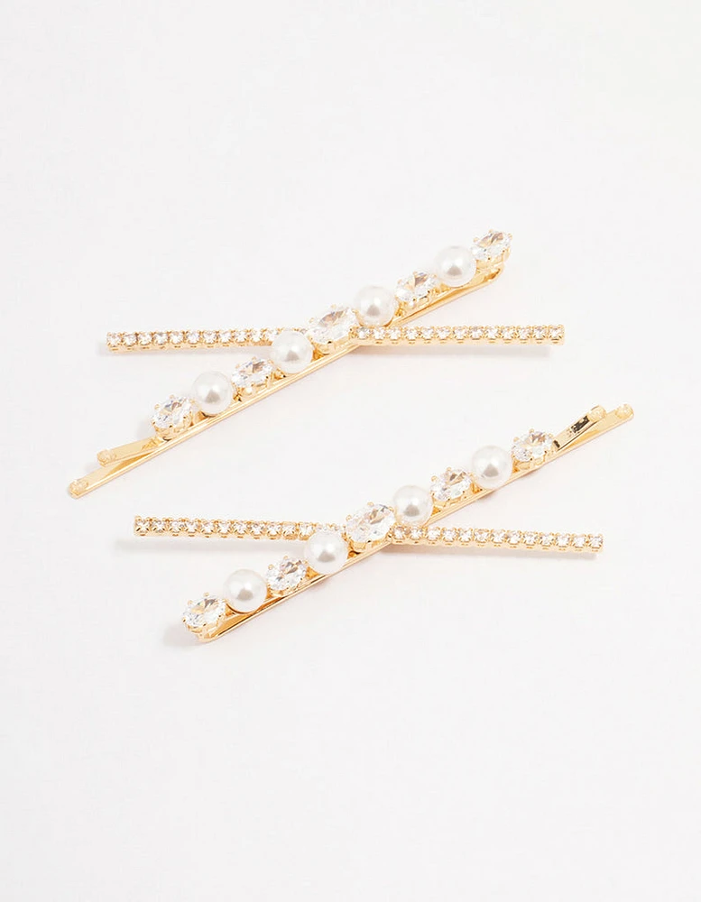 Gold Pearl & Crystal Cross Hair Clip 2-Pack