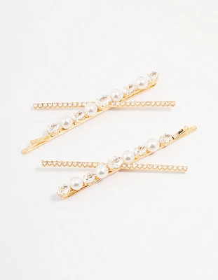 Gold Pearl & Crystal Cross Hair Clip 2-Pack