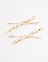 Gold Pearl & Crystal Cross Hair Clip 2-Pack