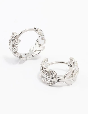 Surgical Steel Diamante Leaf Huggie Earrings