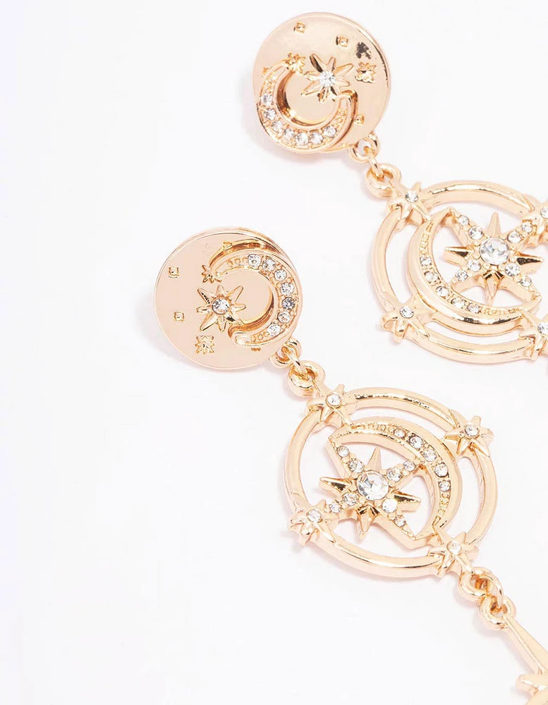 Gold Diamante Celestial Moon Drop Earrings