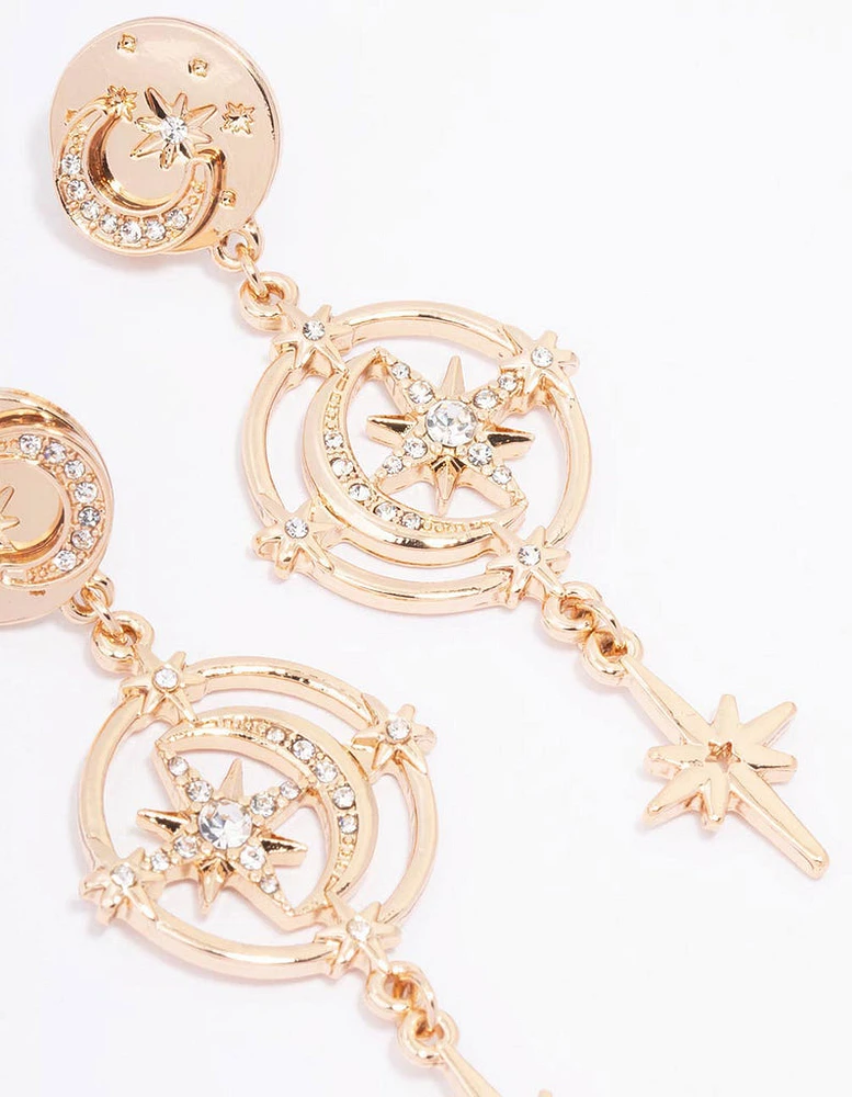 Gold Diamante Celestial Moon Drop Earrings