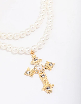 Gold Pearl Cross Multi Row Layered Necklace