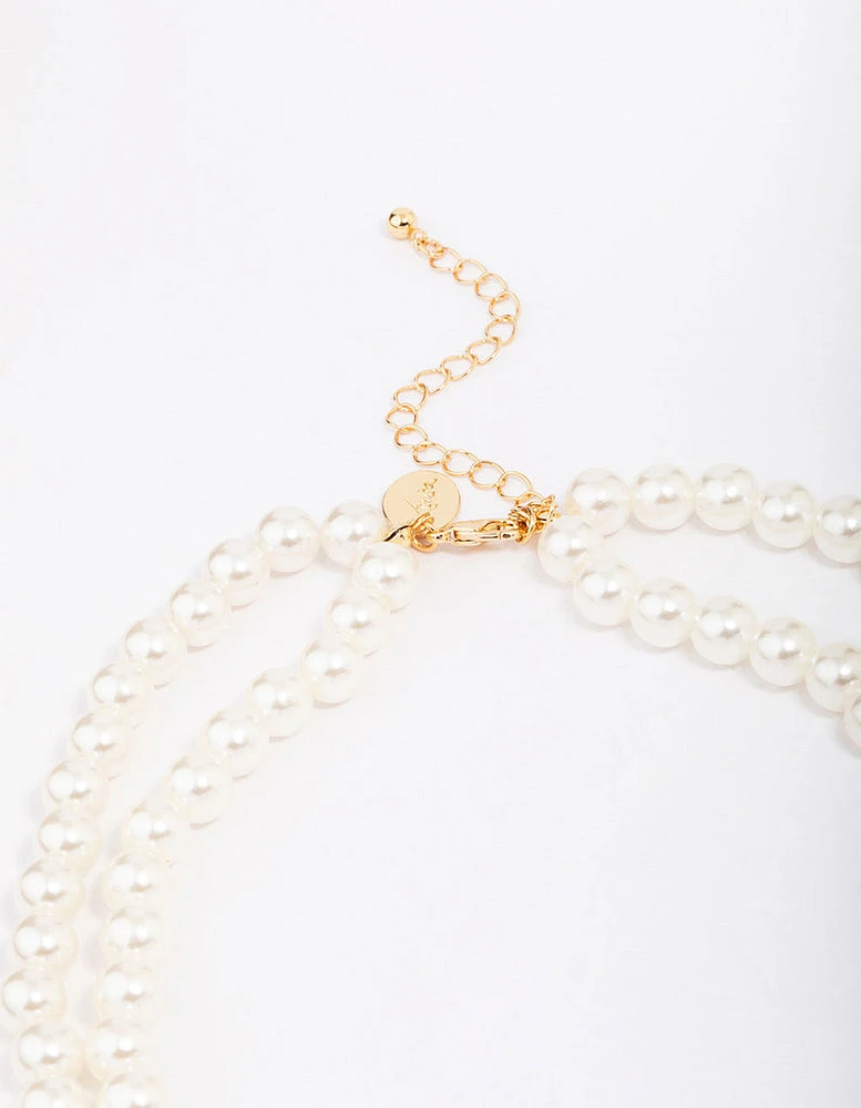 Gold Pearl Cross Multi Row Layered Necklace