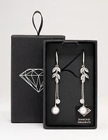 Rhodium Cubic Zirconia Leaf & Pearl Drop Earrings