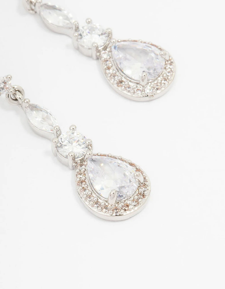 Rhodium Cubic Zirconia Pear Halo Drop Earrings