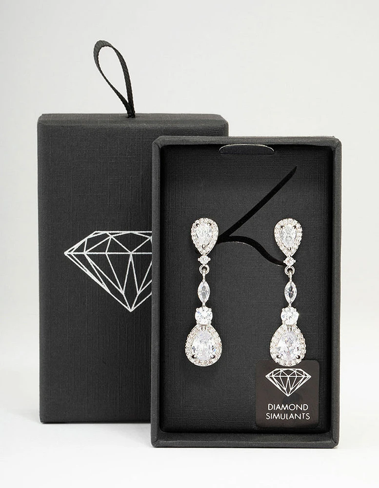 Rhodium Cubic Zirconia Pear Halo Drop Earrings