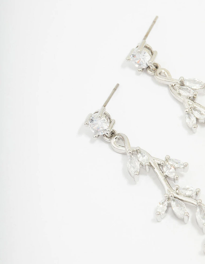 Silver Cubic Zirconia Vine Leaf Drop Earrings