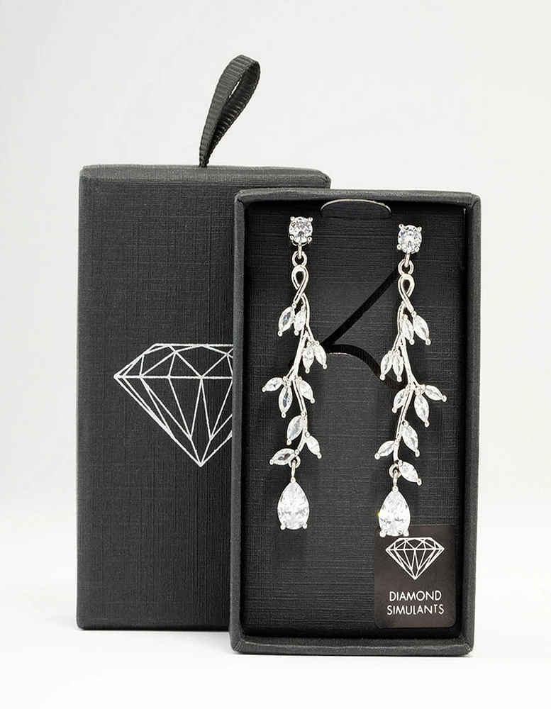 Silver Cubic Zirconia Vine Leaf Drop Earrings