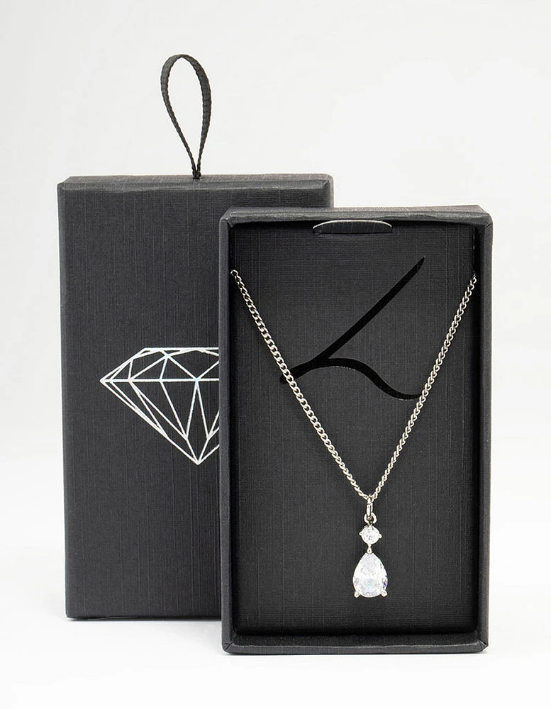 Rhodium Cubic Zirconia Pear Pendant Necklace