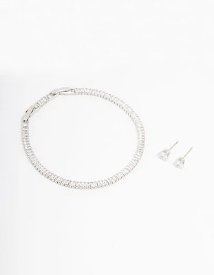 Silver Cubic Zirconia Baguette Tennis Bracelet & Earring Set