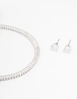 Rhodium Cubic Zirconia Baguette Tennis Bracelet & Earring Set