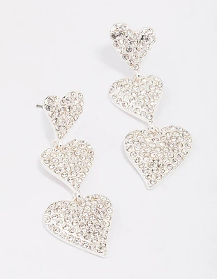 Silver Triple Diamante Heart Drop Earrings