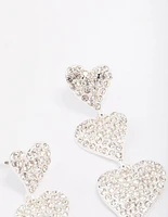 Silver Triple Diamante Heart Drop Earrings