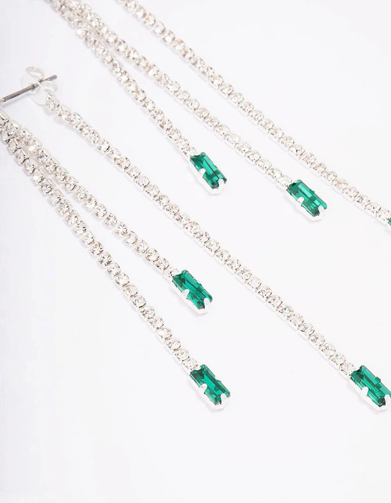 Silver Triple Row Emerald Cupchain Drop Earrings