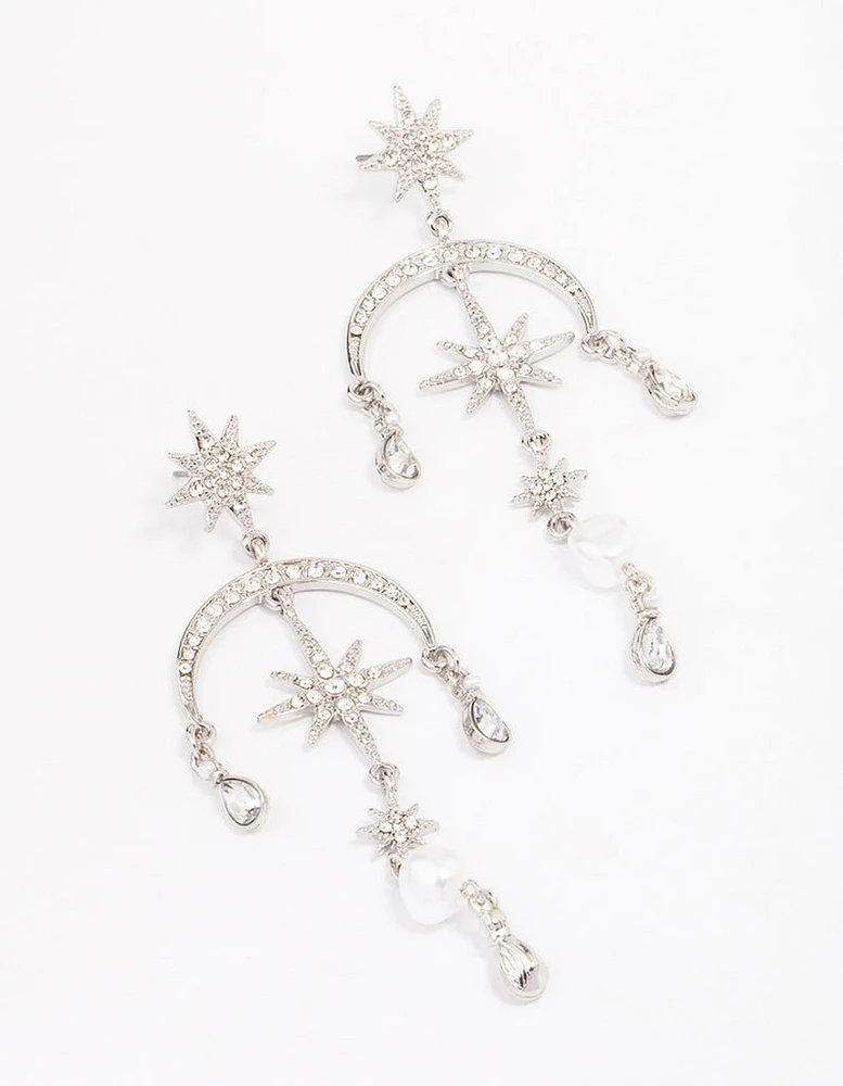 Rhodium Celestial & Pearl Drop Earrings