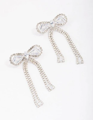 Rhodium Large Diamante Bow Drop Earrings
