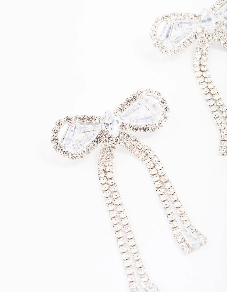 Rhodium Large Diamante Bow Drop Earrings