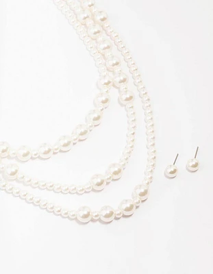 Pearl Beaded Layered Necklace & Stud Earring Set