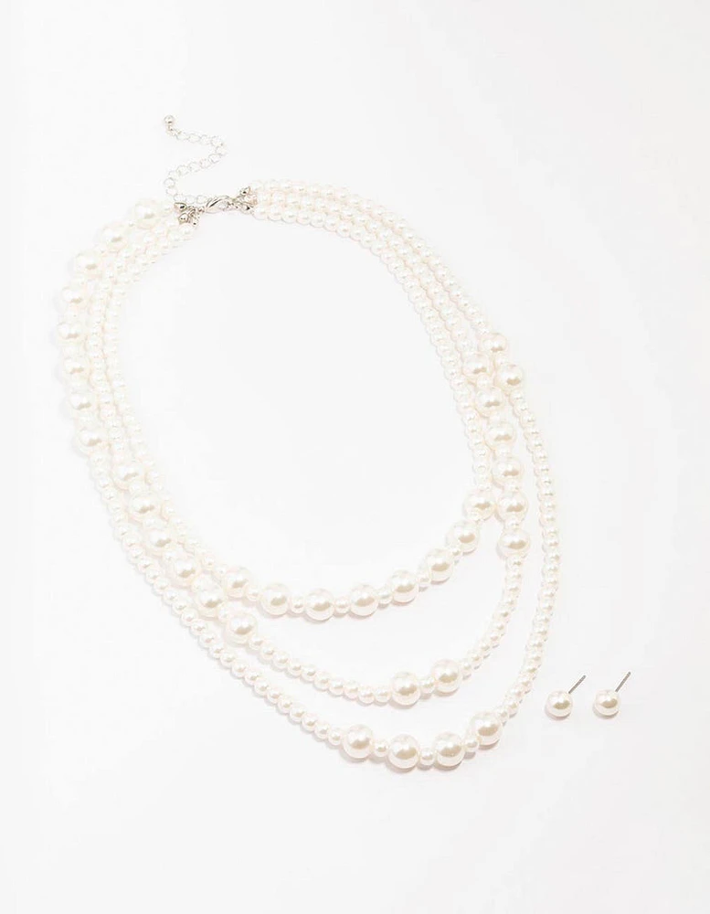 Pearl Beaded Layered Necklace & Stud Earring Set