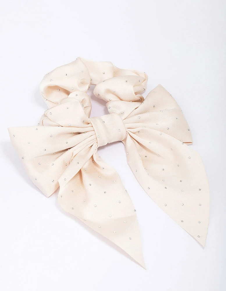 Fabric Neutral Bow Diamante Hair Scrunchie