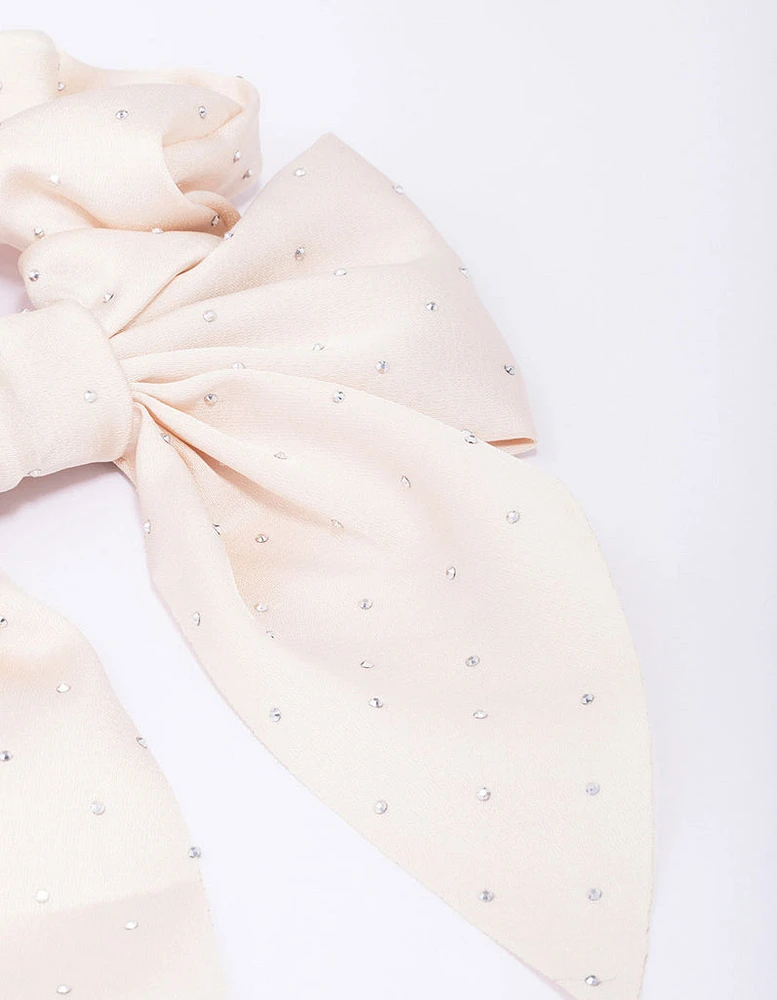 Fabric Neutral Bow Diamante Hair Scrunchie