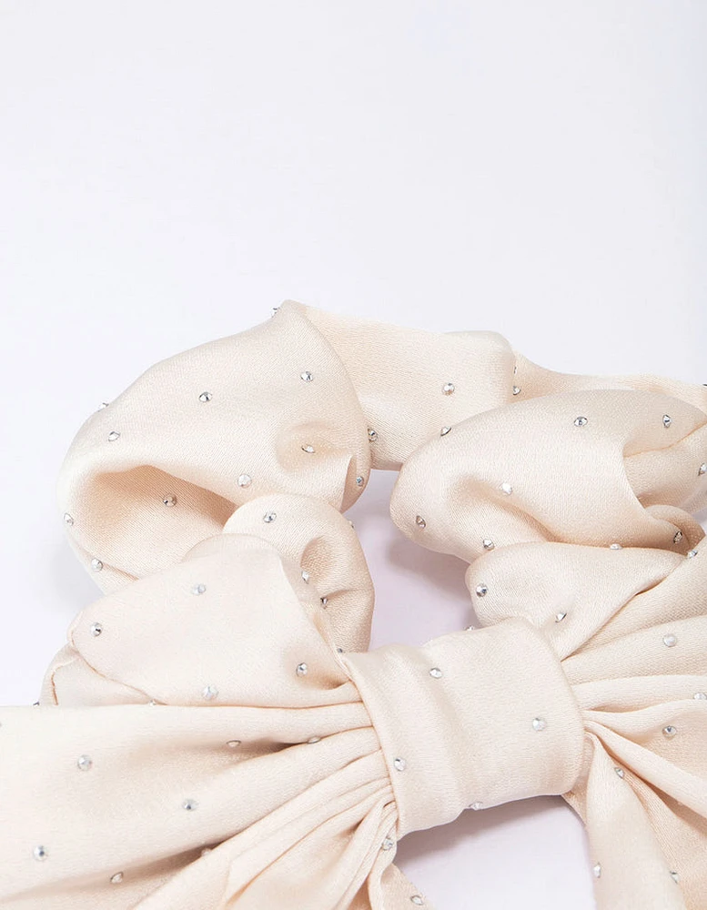 Fabric Neutral Bow Diamante Hair Scrunchie