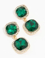 Gold Double Square Emerald Halo Drop Earrings