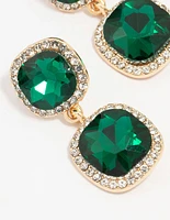Gold Double Square Emerald Halo Drop Earrings