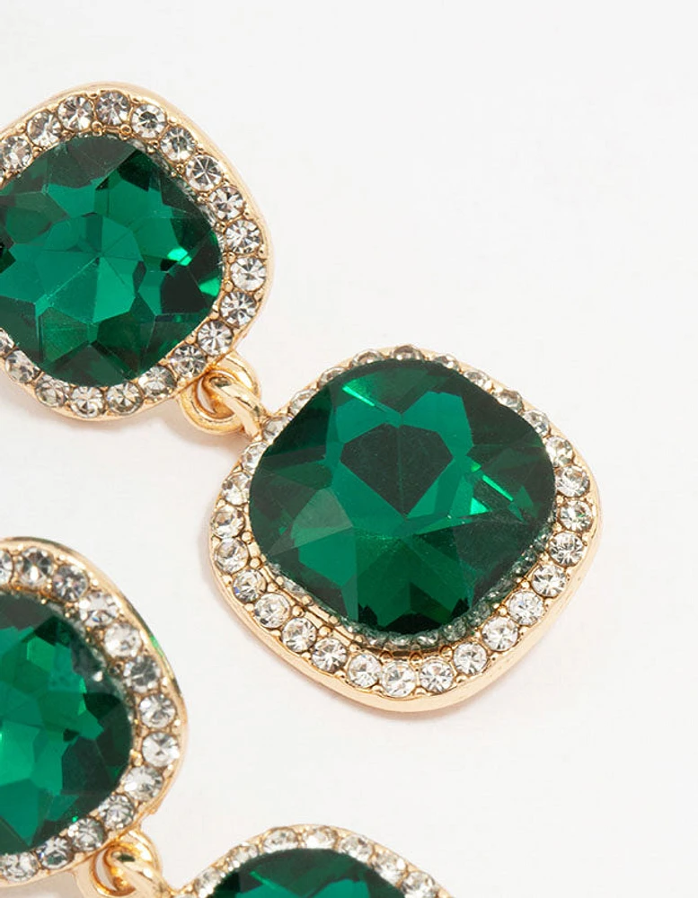 Gold Double Square Emerald Halo Drop Earrings