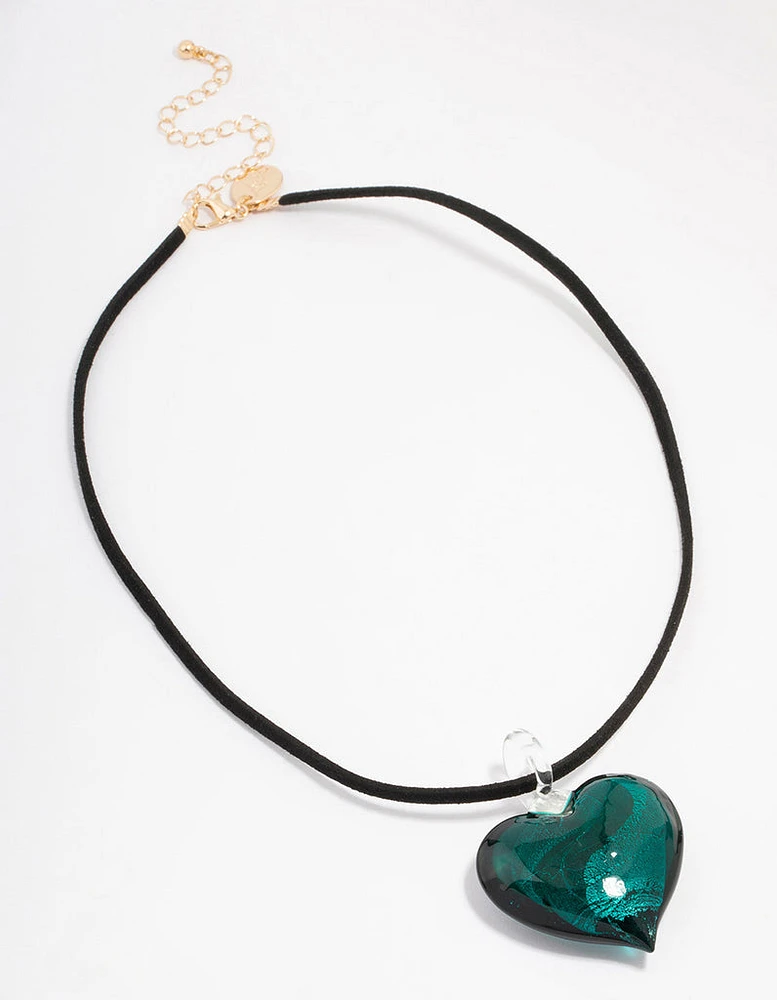 Black Cord & Teal Puffy Heart Pendant Necklace