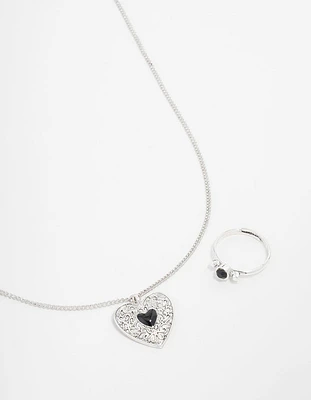 Antique Silver Rustic Heart Necklace & Ring Set