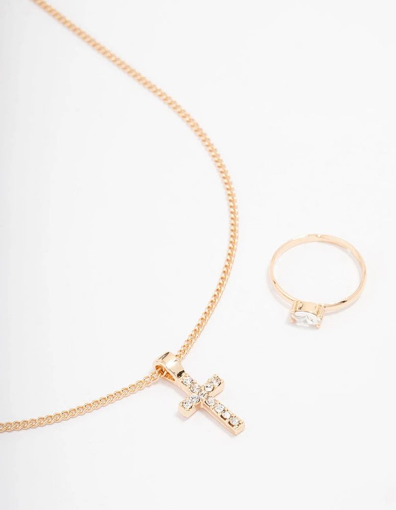 Gold Bling Cross Jewellery Set