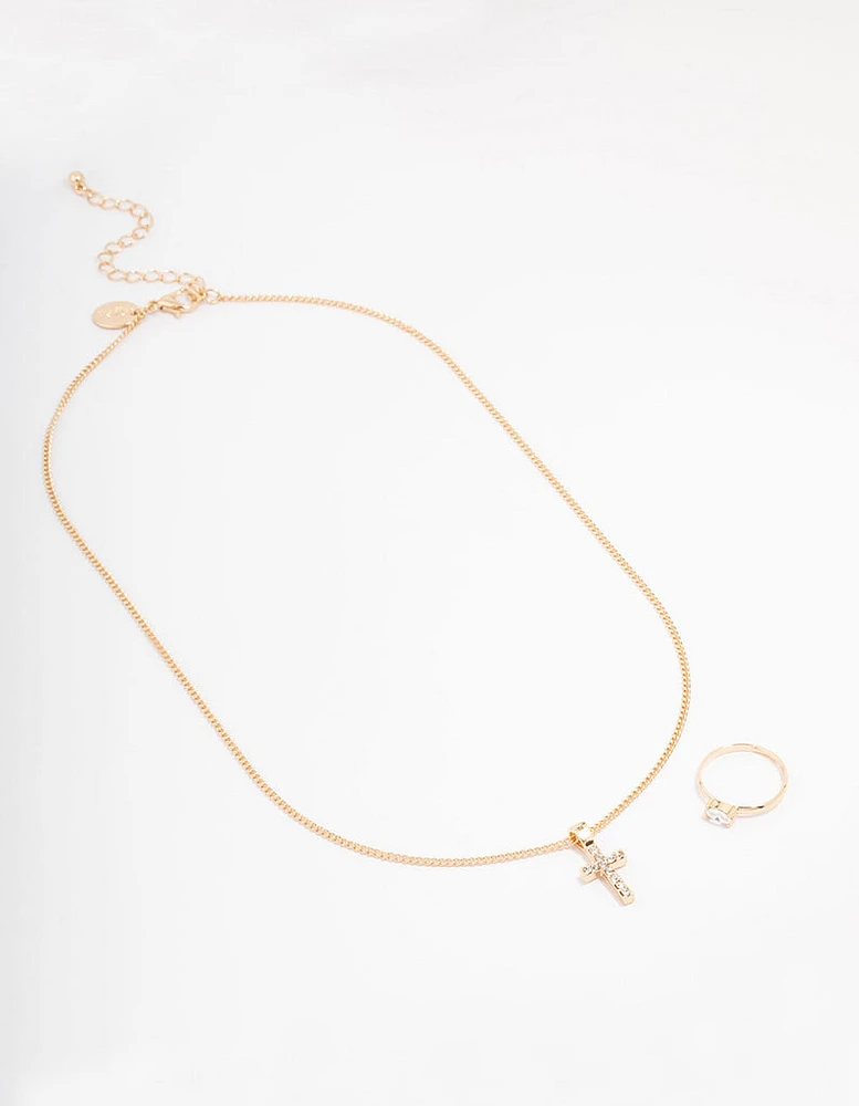 Gold Bling Cross Jewellery Set