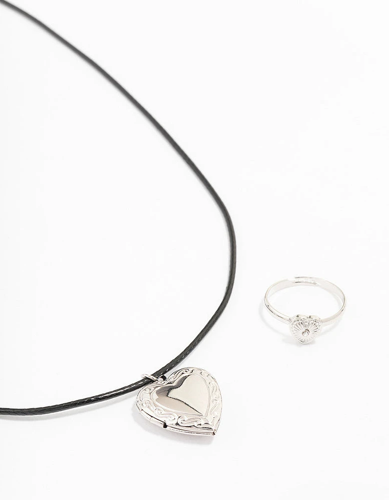 Rhodium Heart Locket Jewellery Set