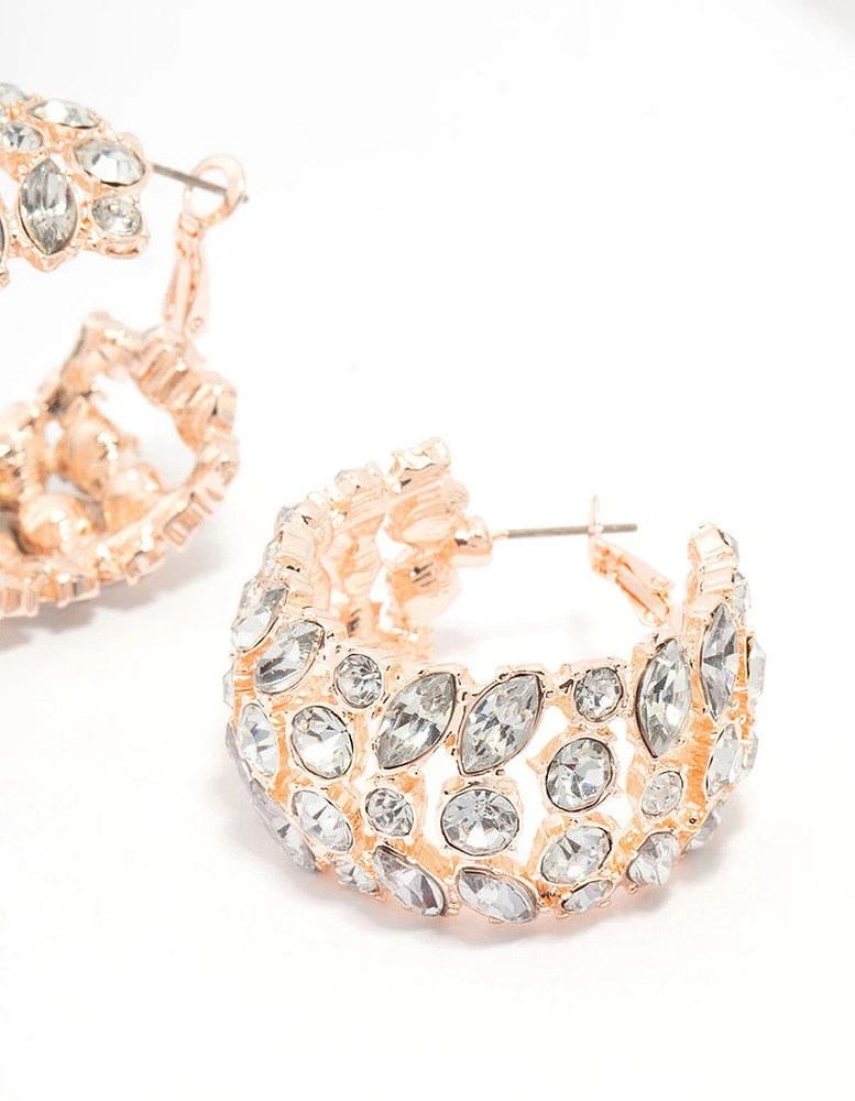 Rose Gold Wide Diamante Hoop Earrings