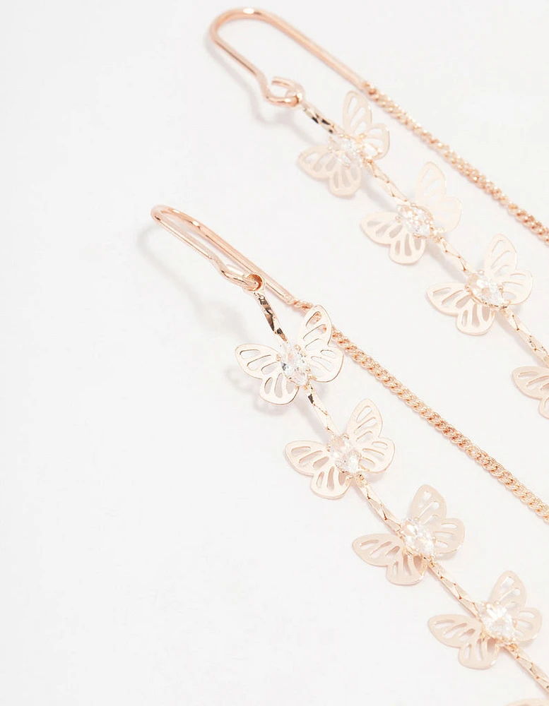 Rose Gold Butterfly Cubic Zirconia Drop Earrings