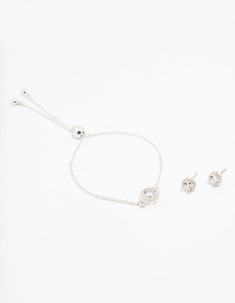 Silver Cubic Zirconia Round Halo Jewellery Set