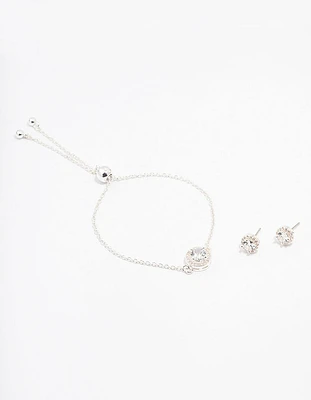 Silver Cubic Zirconia Round Halo Jewellery Set