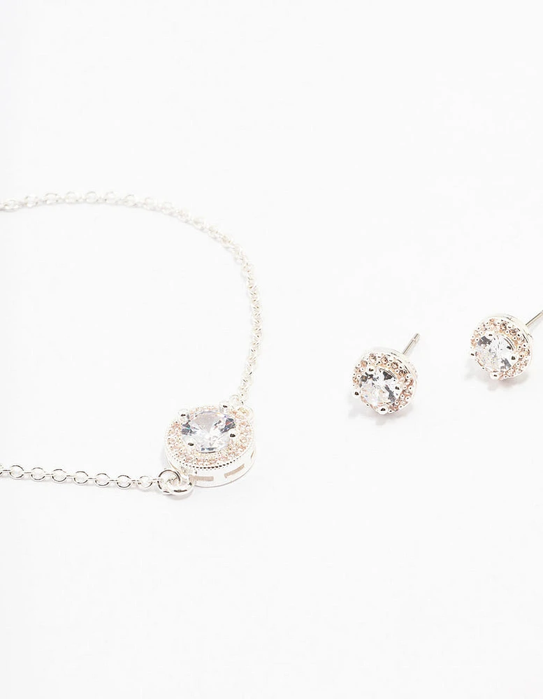 Silver Cubic Zirconia Round Halo Jewellery Set