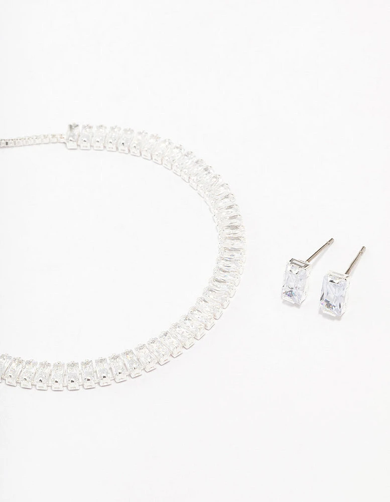 Cubic Zirconia Classic Silver Tennis Bracelet & Earring Set