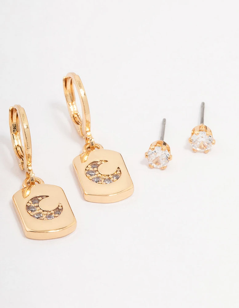 Gold Plated Moon Charm Earring 3-Pack