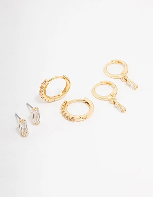 Gold Plated Brass Baguette Stud & Huggie Earring 3-Pack