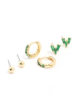 Gold Plated Brass Baguette Cluster Stud Earring 3-Pack