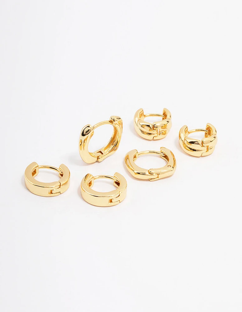 Gold Plated Chunky Rope Huggie Hoop Earring 3-Pack