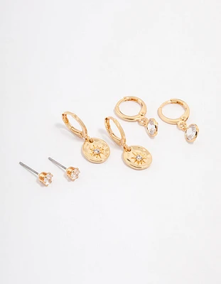 Gold Plated Brass Molten Star Drop Earring 3-Pack