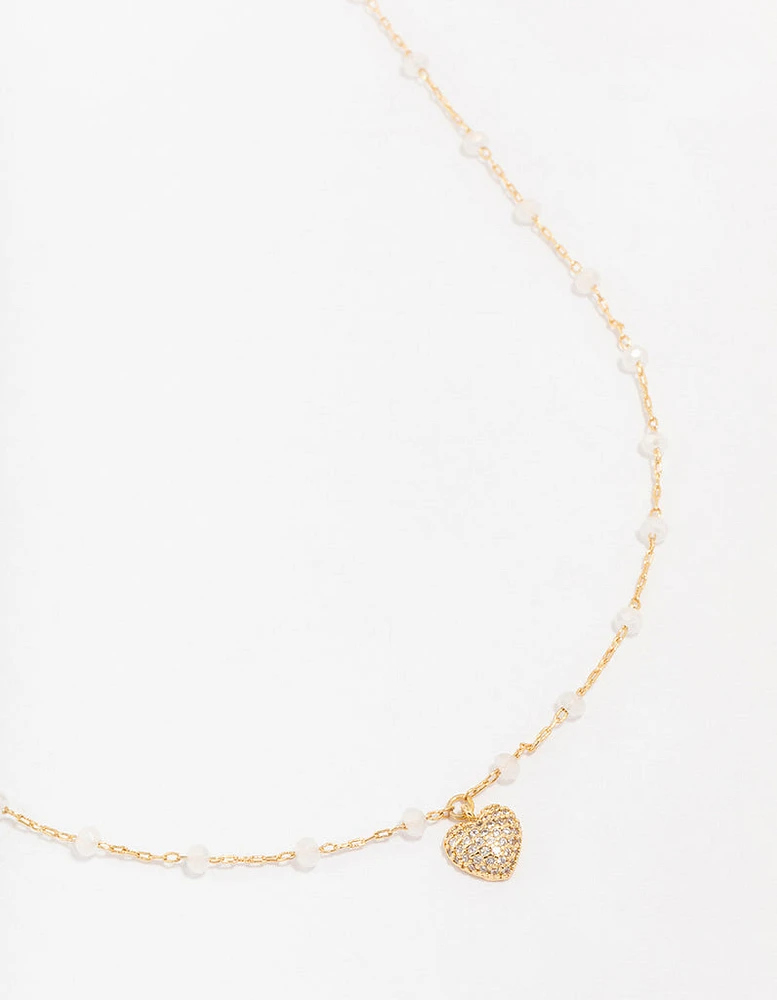 Gold Plated Station Puffy Cubic Zirconia Heart Pendant Necklace