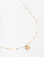 Gold Plated Station Puffy Cubic Zirconia Heart Pendant Necklace