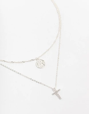 Silver Plated Brass  Cubic Zirconia Cross Coin Layered Necklace